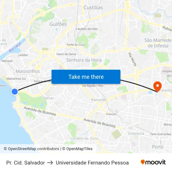 Pr. Cid. Salvador to Universidade Fernando Pessoa map