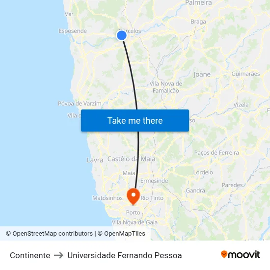 Continente to Universidade Fernando Pessoa map
