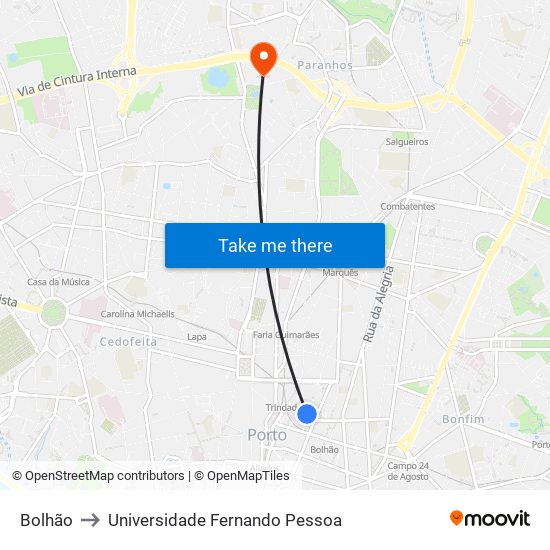 Bolhão to Universidade Fernando Pessoa map
