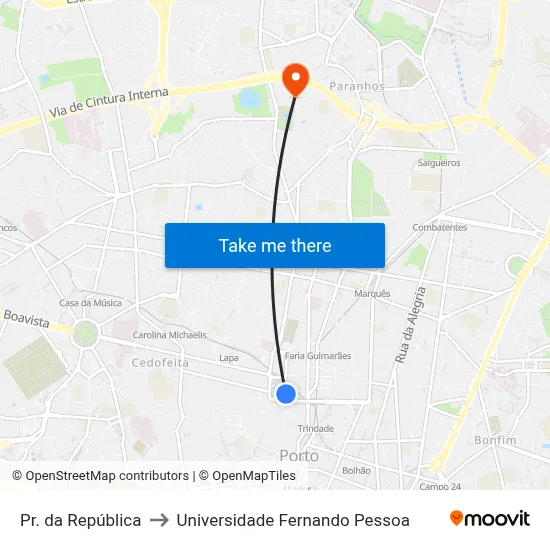 Pr. da República to Universidade Fernando Pessoa map