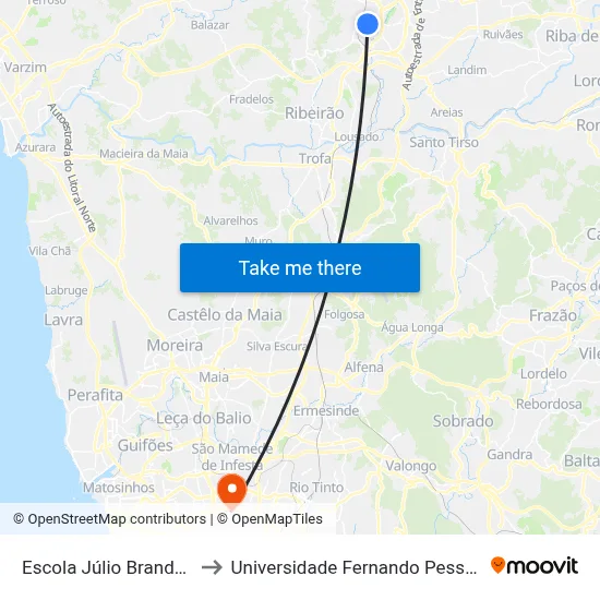 Escola Júlio Brandão to Universidade Fernando Pessoa map