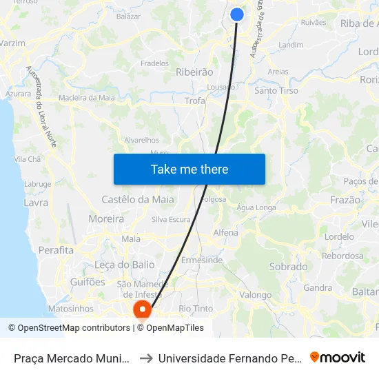 Praça Mercado Municipal to Universidade Fernando Pessoa map