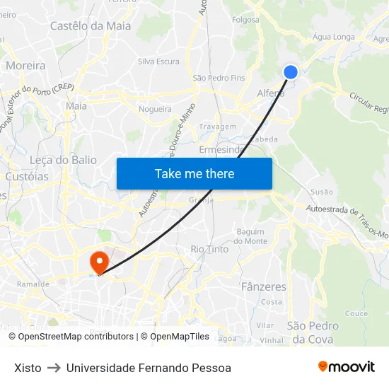 Xisto to Universidade Fernando Pessoa map