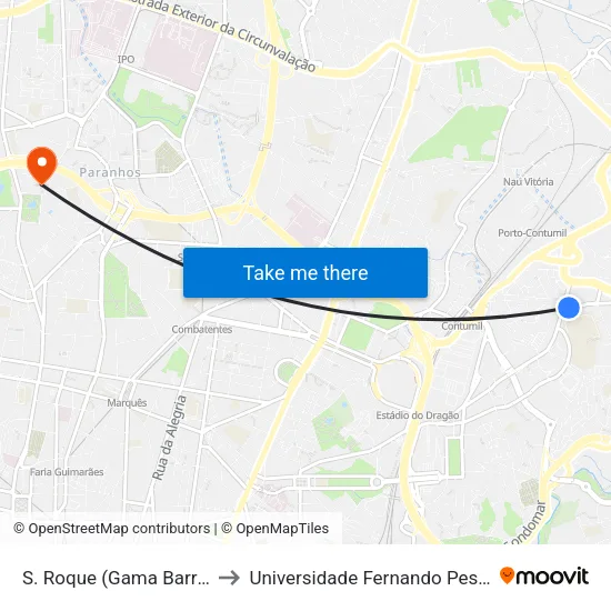 S. Roque (Gama Barros) to Universidade Fernando Pessoa map