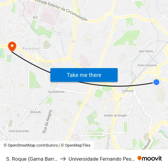S. Roque (Gama Barros) to Universidade Fernando Pessoa map