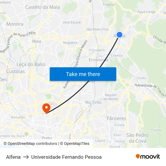Alfena to Universidade Fernando Pessoa map