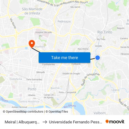 Meiral | Albuquerque to Universidade Fernando Pessoa map