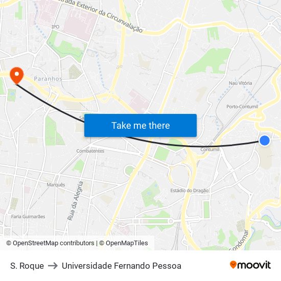 S. Roque to Universidade Fernando Pessoa map