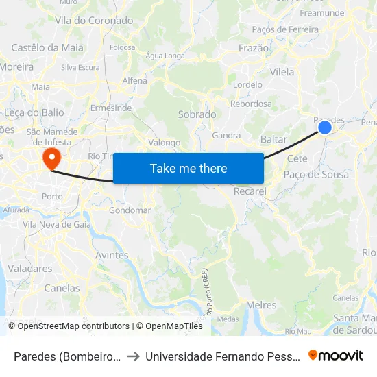Paredes (Bombeiros) to Universidade Fernando Pessoa map