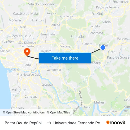 Baltar (Av. da República) to Universidade Fernando Pessoa map
