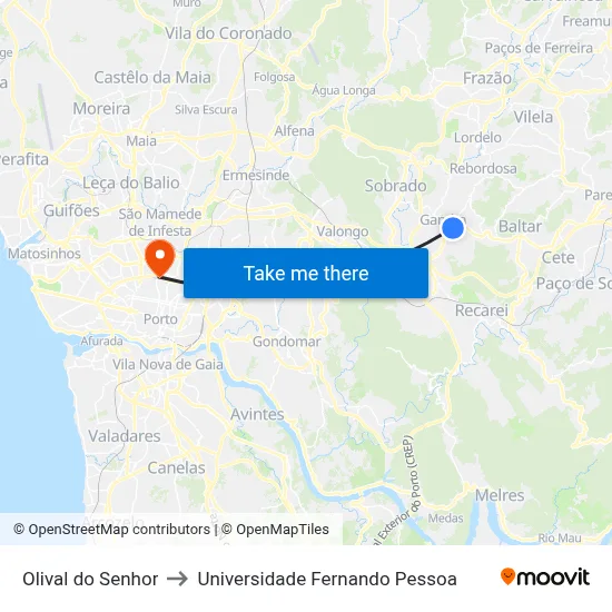 Olival do Senhor to Universidade Fernando Pessoa map