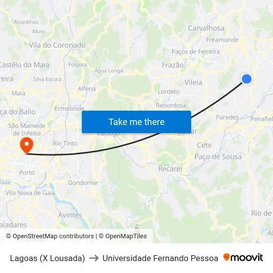 Lagoas (X Lousada) to Universidade Fernando Pessoa map