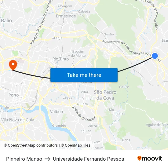 Pinheiro Manso to Universidade Fernando Pessoa map