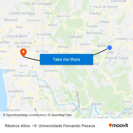Ribeiros Altos to Universidade Fernando Pessoa map