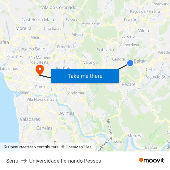 Serra to Universidade Fernando Pessoa map