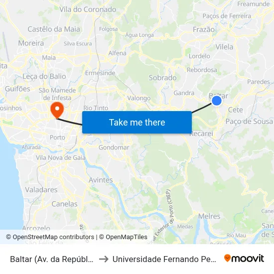 Baltar (Av. da República) to Universidade Fernando Pessoa map