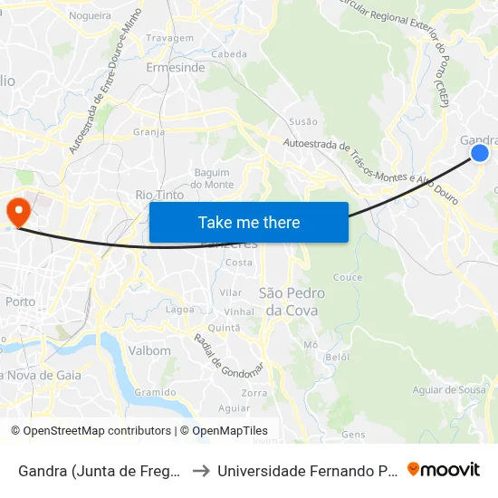 Gandra (Junta de Freguesia) to Universidade Fernando Pessoa map
