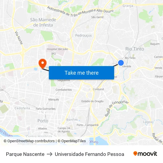Parque Nascente to Universidade Fernando Pessoa map