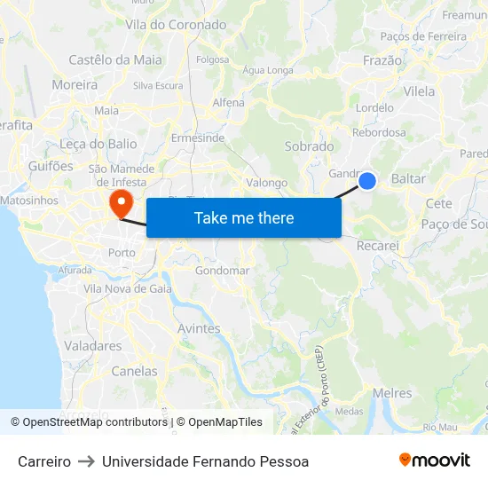 Carreiro to Universidade Fernando Pessoa map