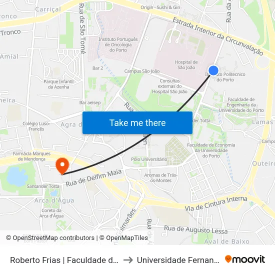 Roberto Frias | Faculdade de Engenharia to Universidade Fernando Pessoa map