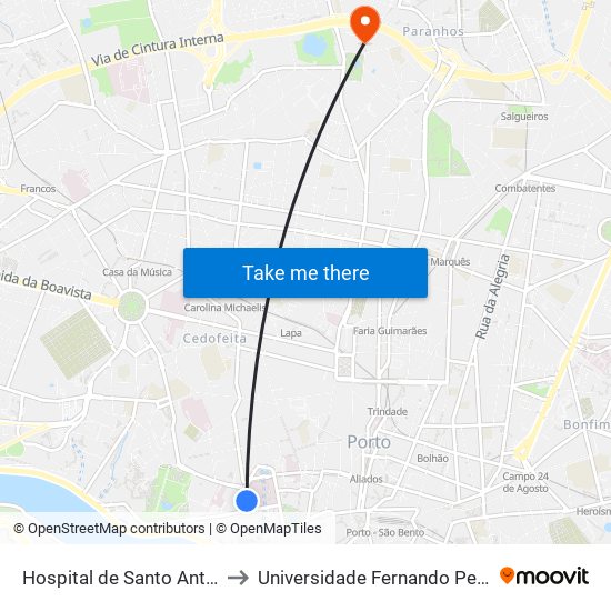 Hospital de Santo António to Universidade Fernando Pessoa map
