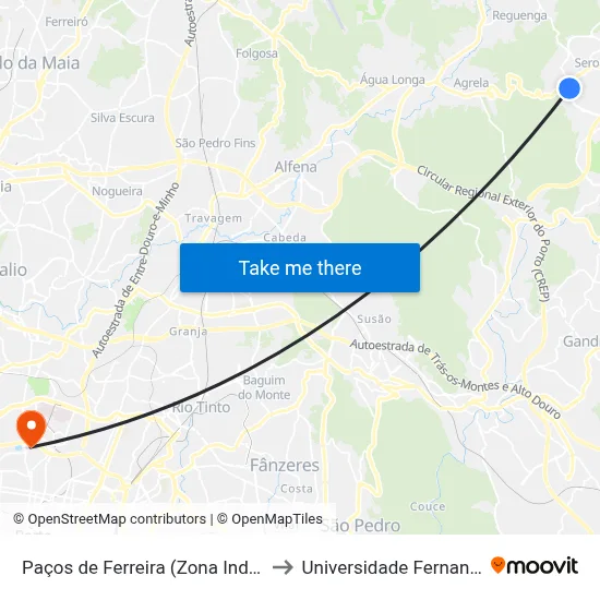 Paços de Ferreira (Zona Industrial Pólo 2) to Universidade Fernando Pessoa map