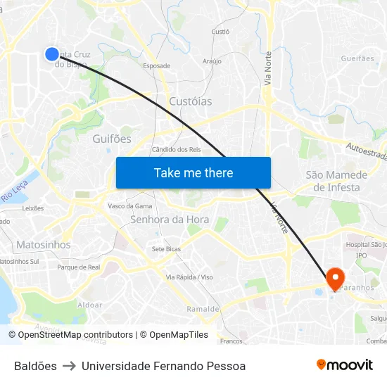Baldões to Universidade Fernando Pessoa map