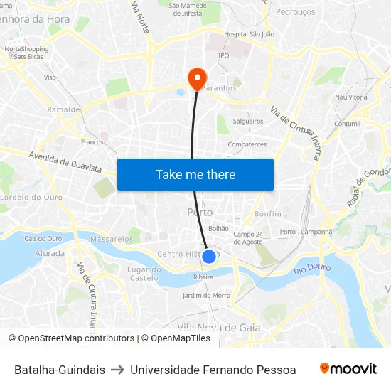 Batalha-Guindais to Universidade Fernando Pessoa map