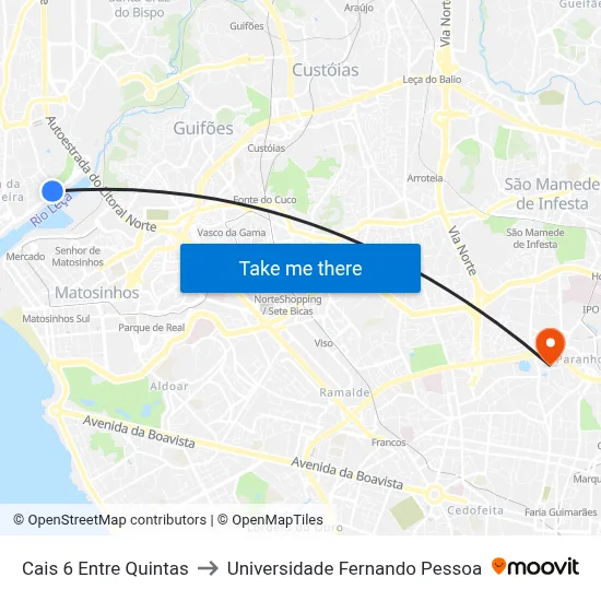 Cais 6 Entre Quintas to Universidade Fernando Pessoa map
