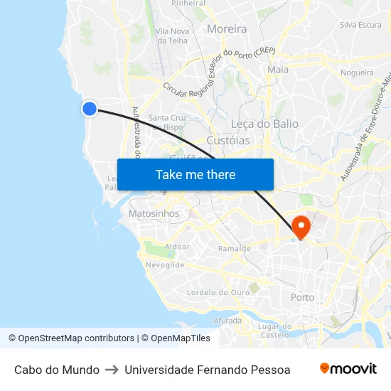 Cabo do Mundo to Universidade Fernando Pessoa map