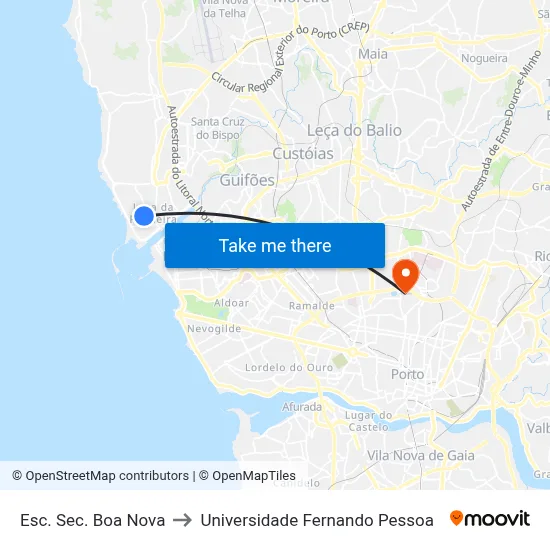 Esc. Sec. Boa Nova to Universidade Fernando Pessoa map