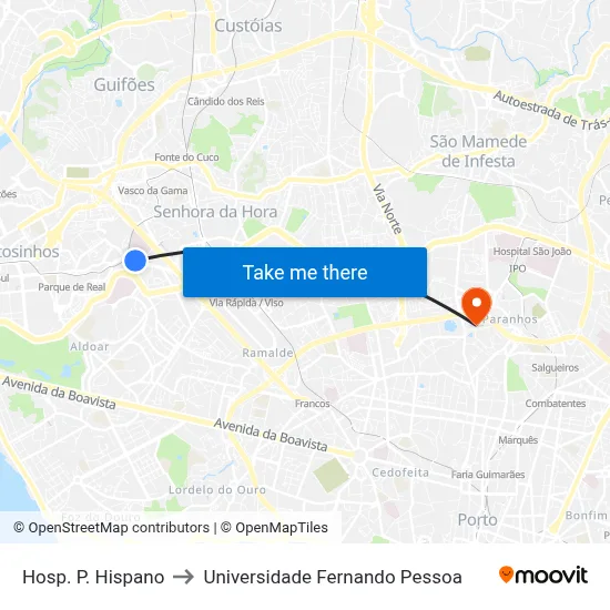 Hosp. P. Hispano to Universidade Fernando Pessoa map