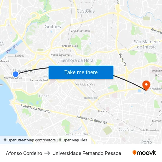 Afonso Cordeiro to Universidade Fernando Pessoa map