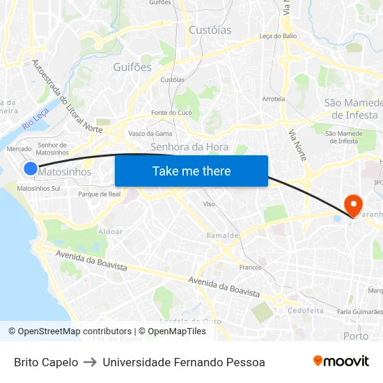 Brito Capelo to Universidade Fernando Pessoa map