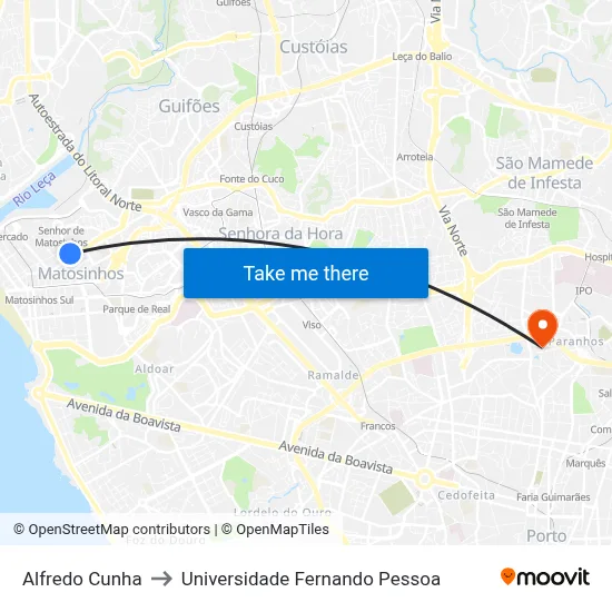 Alfredo Cunha to Universidade Fernando Pessoa map