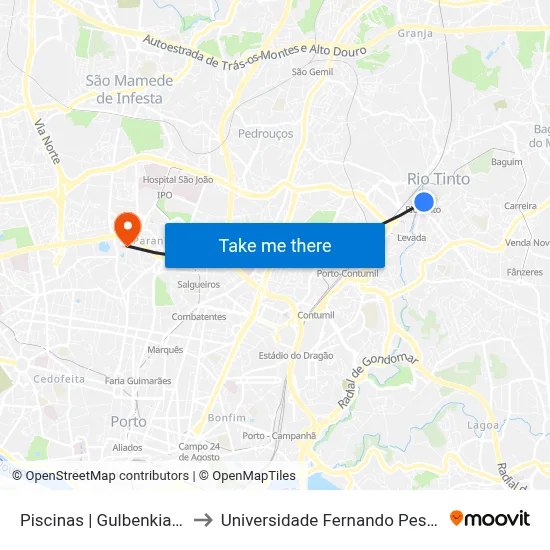 Piscinas | Gulbenkian 2 to Universidade Fernando Pessoa map