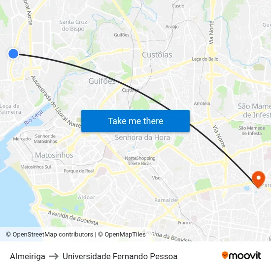Almeiriga to Universidade Fernando Pessoa map