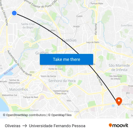 Oliveiras to Universidade Fernando Pessoa map