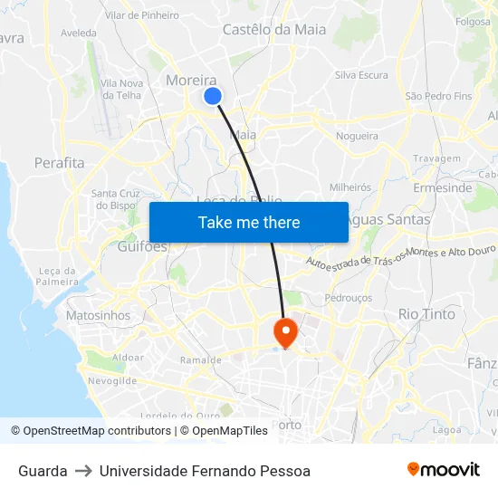 Guarda to Universidade Fernando Pessoa map