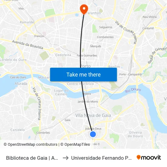 Biblioteca de Gaia to Universidade Fernando Pessoa map