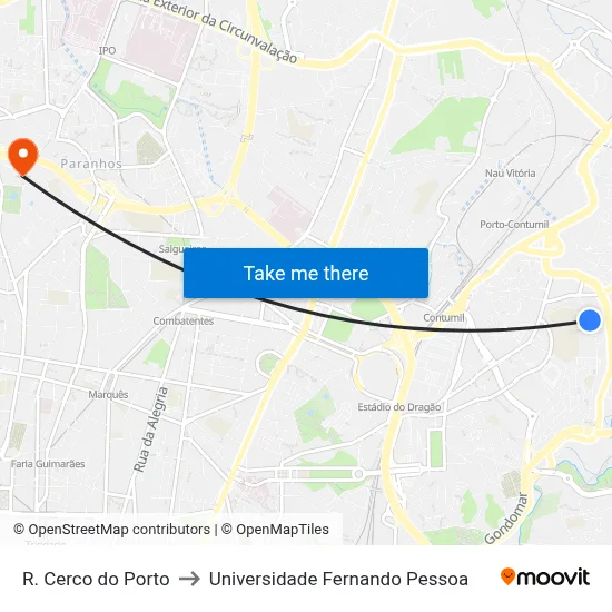 R. Cerco do Porto to Universidade Fernando Pessoa map