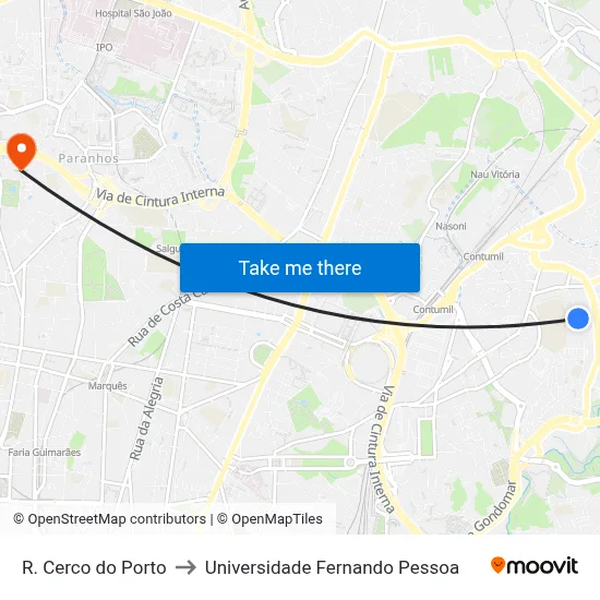 R. Cerco do Porto to Universidade Fernando Pessoa map