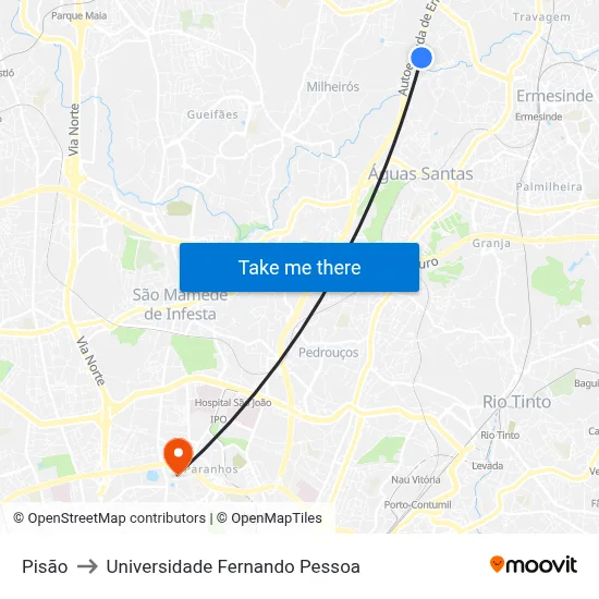 Pisão to Universidade Fernando Pessoa map