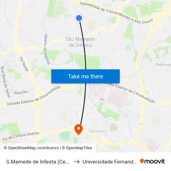 S.Mamede de Infesta (Centro Saúde) to Universidade Fernando Pessoa map