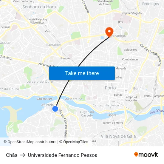 Chãs to Universidade Fernando Pessoa map