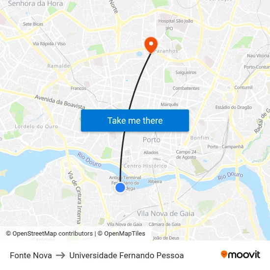 Fonte Nova to Universidade Fernando Pessoa map