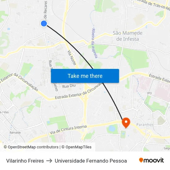 Vilarinho Freires to Universidade Fernando Pessoa map