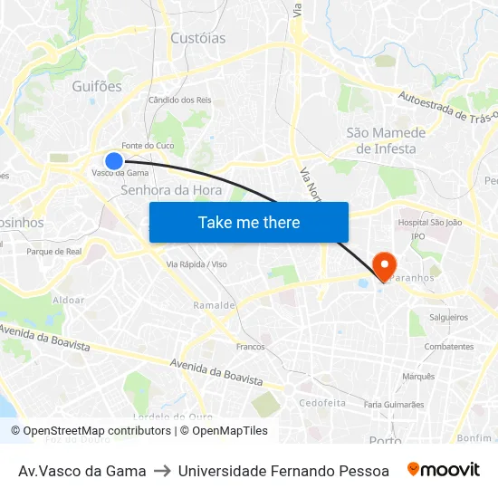 Av.Vasco da Gama to Universidade Fernando Pessoa map
