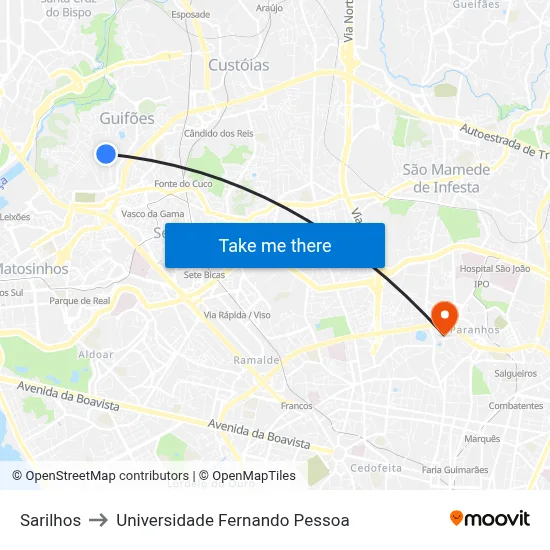 Sarilhos to Universidade Fernando Pessoa map