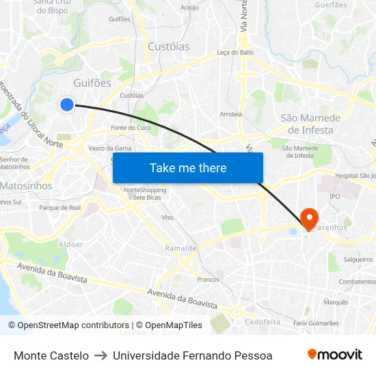 Monte Castelo to Universidade Fernando Pessoa map